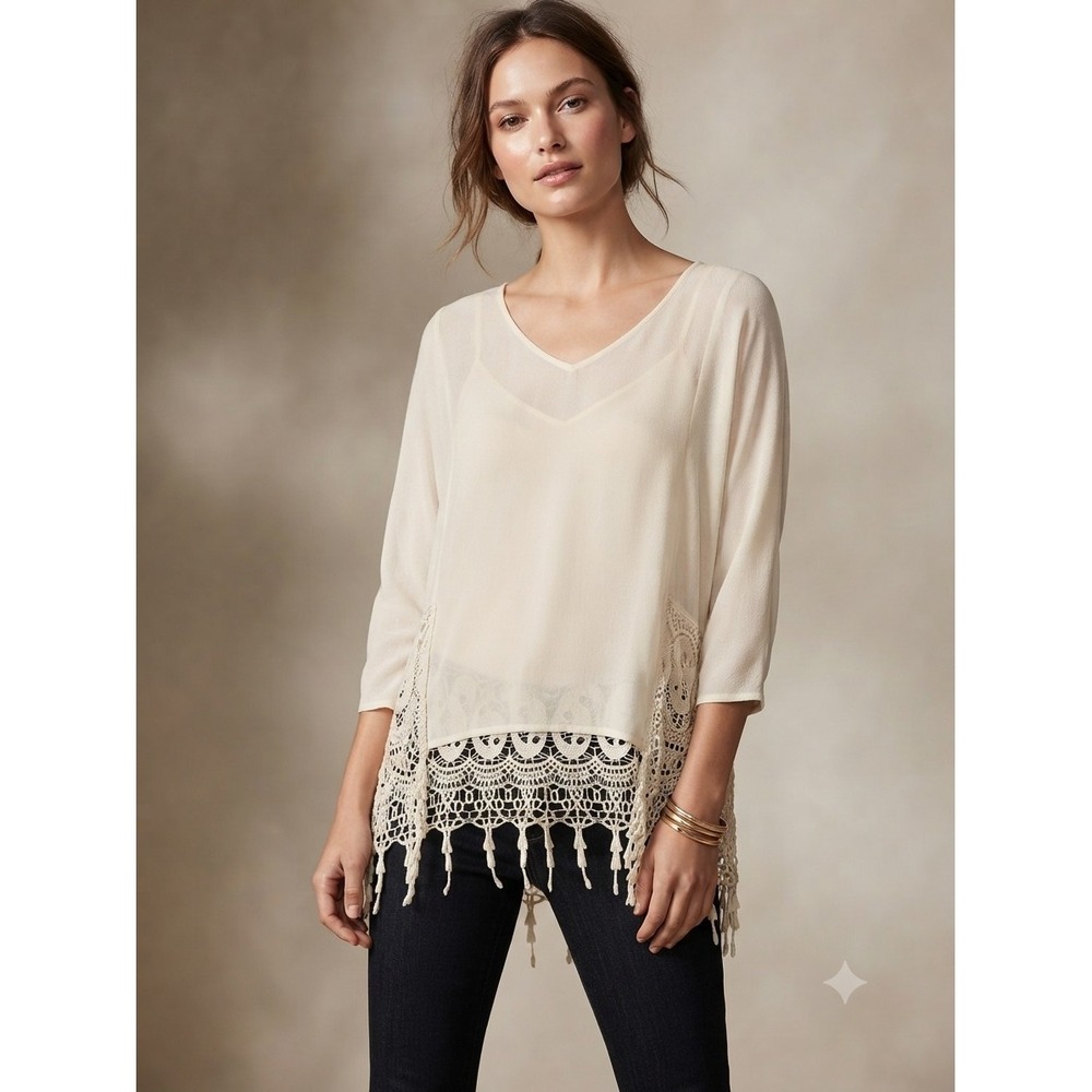 NWT Chicos Crochet Lace Hem Cottage Fairycore Ivory Boho Top Womens Sz 3 (XL)